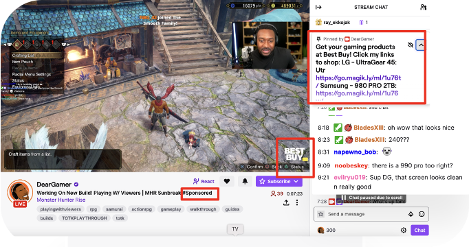 DearGamer - Twitch stream screenshot with brand callouts highlighted for Twitch influencer marketing