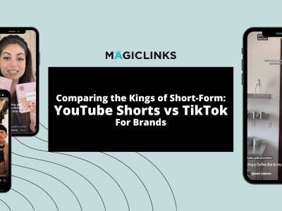 YouTube Shorts vs TikTok for brands - blog post header with images from YouTube Shorts and Tiktok creators